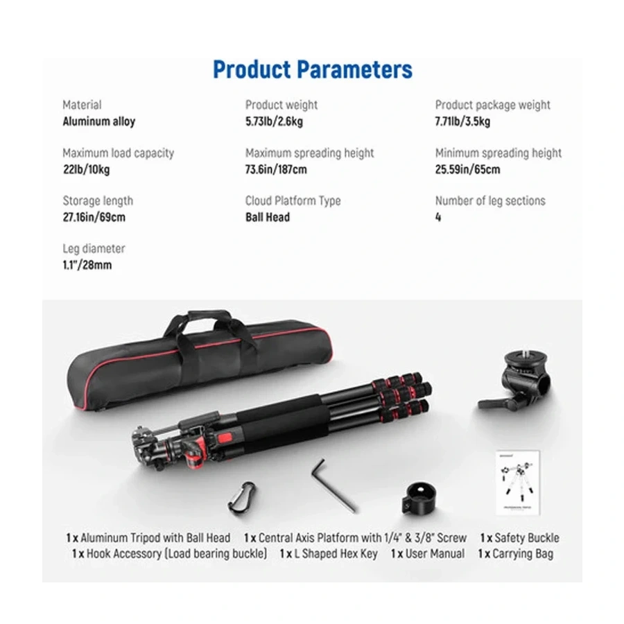 Neewer TP27 Aluminum Tripod with Multi-Angle Center Column and Ball Head